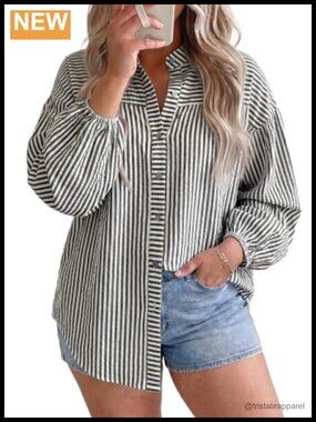 Plus Size Striped Button Down Shirt with Puff Sleeves Long Sleeve Blouse